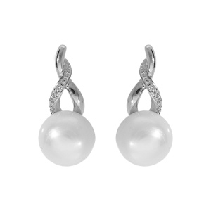 Boucles d'oreille tige en argent platiné perle de culture d'eau douce avec oxydes blancs sertis