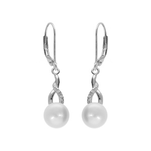 Boucles d’oreille en argent platiné perle de culture d’eau douce avec oxydes blancs sertis, fermoir dormeuse