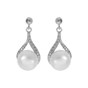 Boucles d’oreille tige forme goutte en argent platiné perle de culture d’eau douce avec oxydes blancs sertis