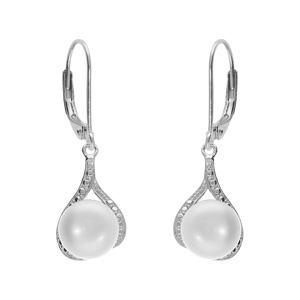 Boucles d’oreille forme goutte argent platiné perle de culture d’eau douce avec oxydes blancs sertis, fermoir dormeuse