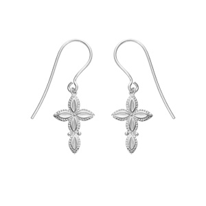 Boucles d’oreille en argent rhodié croix ciselée suspendue 15x 10mm et fermoir dormeuse