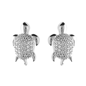 Boucles d'oreille tige, argent rhodié puce tortue avec oxydes blancs