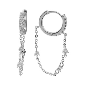 Créoles en argent rhodié oxydes blancs et chaînette avec oxydes blancs