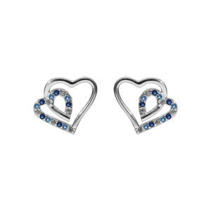 Boucles d’oreille tige en argent rhodié double coeur 10mm contour oxydes bleus et blancs