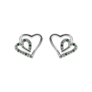 Boucles d’oreille tige en argent rhodié double coeur 10mm contour oxydes verts et blancs
