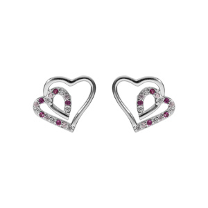 Boucles d’oreille tige en argent rhodié double coeur 10mm contour oxydes rose et blancs