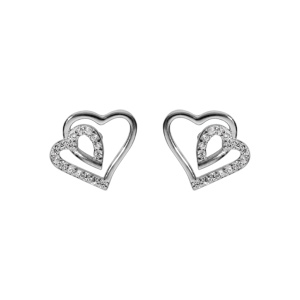 Boucles d'oreille tige en argent rhodié double coeur 10mm contour oxydes blancs