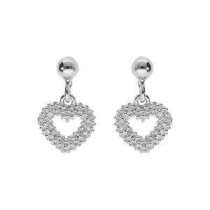 Boucles d’oreille tige en argent rhodié claire pendantes, coeur évidé perlé