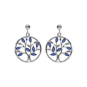 Boucles d'oreille tige en argent rhodié pendante motif cercle arbre de vie avec oxydes bleus