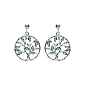Boucles d’oreille tige en argent rhodié pendante motif cercle arbre de vie avec oxydes vert