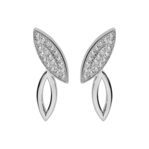 Boucles d’oreille tige en argent rhodié motif feuille « toi et moi » évidée et pavage oxydes blancs