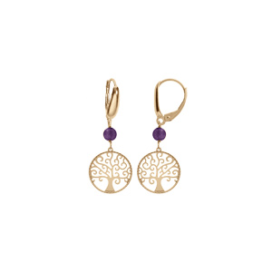 Boucles d’oreille dormeuse argent doré jaune arbre de vie 15mm et boule jade violette véritable