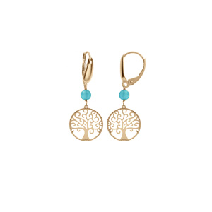 Boucles d’oreille dormeuse argent doré jaune arbre de vie 15mm et boule jade vert clair véritable