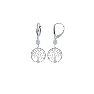 Boucles d’oreille dormeuse argent rhodié arbre de vie 15mm et boule jade bleu ciel véritable