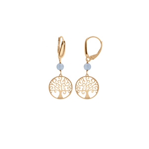 Boucles d’oreille dormeuse argent doré jaune arbre de vie 15mm et boule jade bleu ciel véritable
