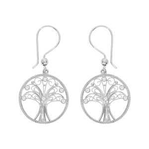 Boucles d’oreille en argent rhodié cercle suspendu avec arbre de vie en filigrane et oxydes blancs sertis fermoir crochet