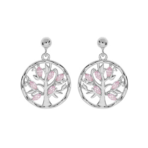 Boucles d'oreille en argent rhodié cercle suspendu motif arbre de vie avec oxydes rose clair et ferm