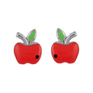 Boucles d'oreilles pour enfant en argent rhodié pomme rouge et fermoir clou avec poussette