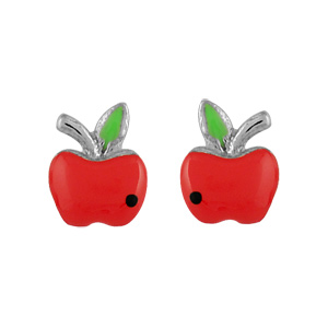 Boucles d’oreilles pour enfant en argent rhodié pomme rouge et fermoir poussette