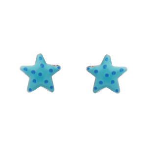 Boucles d'oreilles pour enfant en argent rhodié étoile de mer bleue et fermoir clou avec poussette