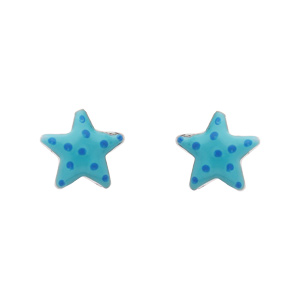 Boucles d’oreilles enfant en argent rhodié étoile de mer bleue et fermoir poussette