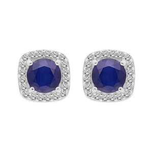 Boucles d’oreille en argent rhodié Saphir véritable contour carré de Topazes blanches serties et fermoir poussette