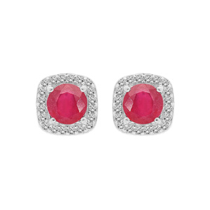 Boucles d’oreille en argent rhodié Rubis véritable contour carré de Topazes blanches serties et fermoir poussette
