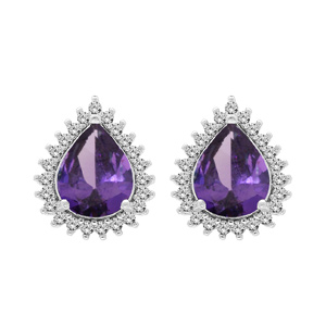 Boucles d'oreille en argent rhodié Améthyste véritable forme goutte 8x6 contour Topazes blanches ser