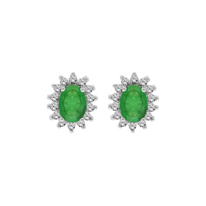 Boucles d’oreille en argent rhodié fleur d’Emeraude véritable contour Topazes blanches serties et fermoir poussette