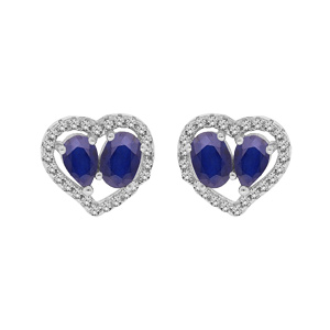 Boucles d’oreille en argent rhodié cœur de Saphirs véritables et contour Topazes blanches et fermoir poussette