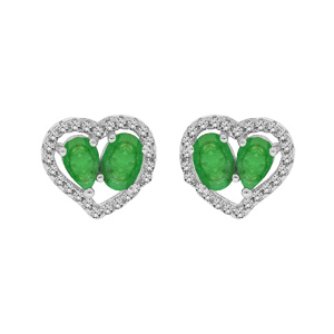 Boucles d’oreille en argent rhodié cœur d’Emeraudes véritables et contour Topazes blanches et fermoir poussette