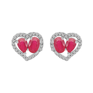Boucles d’oreille en argent rhodié cœur de Rubis véritables contour Topazes blanches et fermoir poussette