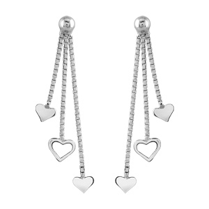 Boucles d’oreilles pendantes en argent rhodié chaînettes en maille vénitienne avec coeurs suspendus et fermoir poussette
