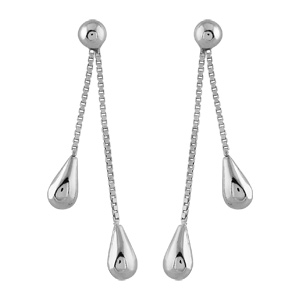 Boucles d’oreilles pendantes en argent rhodié chaînettes en maille vénitienne avec gouttes lisses et fermoir poussette