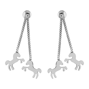 Boucles d’oreilles pendantes en argent rhodié chaînettes avec chevaux suspendus et fermoir poussette