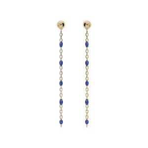 Boucles d'oreille en argent et dorure jaune chaînette avec perles bleu foncé et fermoir poussette