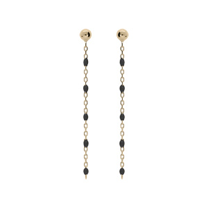 Boucles d'oreille en argent et dorure jaune chaînette avec perles noires et fermoir poussette