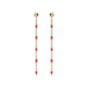 Boucles d’oreille en argent et dorure jaune chaînette avec perles rouge et fermoir poussette