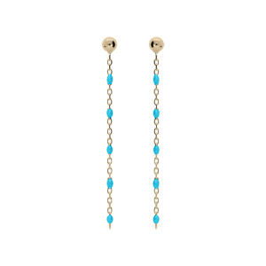 Boucles d’oreille en argent et dorure jaune chaînette avec perles couleur turquoise et fermoir pousette