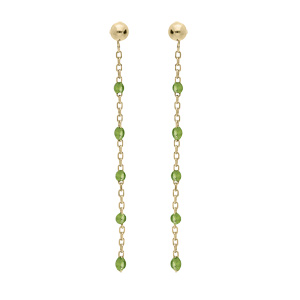 Boucles d’oreille en argent et dorure jaune chaînette avec olives couleur vert et fermoir poussette