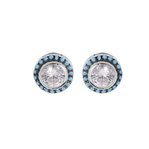 Boucles d’oreille en argent rhodié oxyde blanc contour pois bleus et fermoir poussette