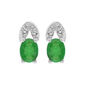 Boucles d'oreille en argent rhodié Emeraude véritable et arc de Topazes blanches et fermoir poussett