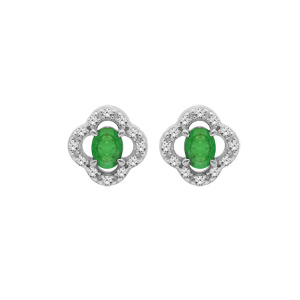 Boucles d'oreille en argent rhodié fleur d'Emeraude véritable et Topazes blanches et fermoir pousset