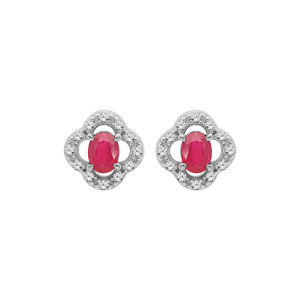 Boucles d’oreille en argent rhodié fleur de Rubis véritable et Topazes blanches et fermoir poussette
