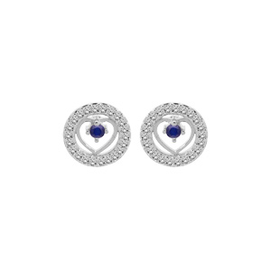 Boucles d’oreille en argent rhodié coeur de Saphir véritable contour oxydes blancs et fermoir poussette