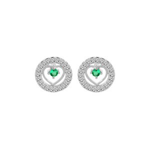 Boucles d’oreille en argent rhodié coeur d’Emeraude véritable contour oxydes blancs et fermoir poussette
