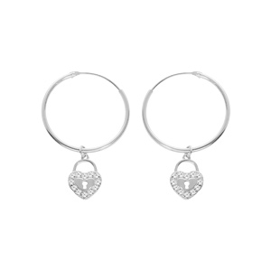 Créoles en argent rhodié avec pampille coeur et oxydes blancs sertis diamètre 20mm