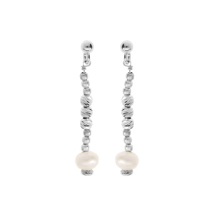 Boucles d’oreille en argent rhodié boules diamantées avec perle de culture d’eau douce blanche suspendue et fermoir poussette