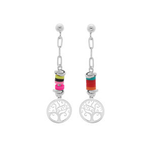Boucles d'oreille en argent rhodié cocktail couleurs vives avec arbre de vie suspendu et fermoir pou