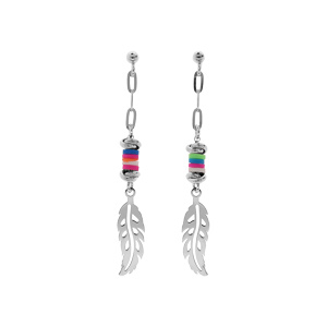 Boucles d'oreille en argent rhodié cocktail couleurs vives avec plume suspendue et fermoir poussette